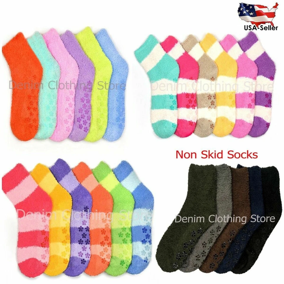 6 Pairs Women Warm Cozy Fuzzy Plush Soft Non Skid Slipper Winter Socks 9-11 Lot - Image 1 of 1