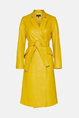 Women Yellow Leather Trench Coat Pure Lambskin Size S M L XL XXL 3XL Custom Made - Image 1 of 4