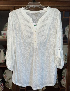 Vintage America Womens Large Ivory Off White Boho Peasant Stretch Lace Top Shirt - Picture 1 of 8