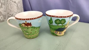 Sango Green Acres Coffee/Tea Cups 2 Cup Set Farm House Church Sheep - Picture 1 of 24