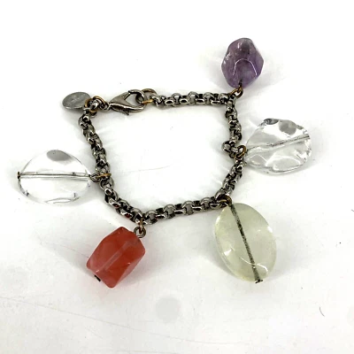 BEN AMUN Vintage Silver Tone Polished Stones Crystals Charm Link Bracelet - Image 1 of 4