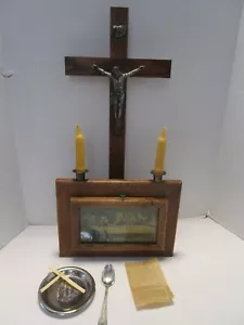 Antiguo crucifijo de altar de los últimos ritos de madera de roble última cena 24"t IHS 1900 - Imagen 1 de 12