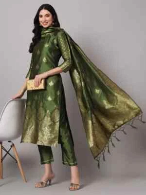 Conjunto Kurta Feminino Bollywood Mistura de Seda Roupa de Festa Indiana Kurti Calça Dupatta Conjunto - Imagem 1 de 4