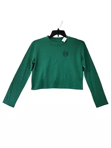 New Victorias Secret PINK Pullover Logo Crew Neck Crop Top Long Sleeve Green XS - Picture 1 of 10