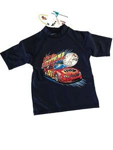 BNWT Boys Sz 3 Navy Race Car Logo Sun Star Brand Short Sleeve Rash Vest UPF50+ - Picture 1 of 1
