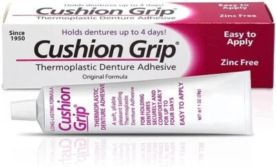 Adhesivo termoplástico para dentaduras Cushion Grip 1 OZ - 100 % impermeable y sin zinc Foto 1 de 4