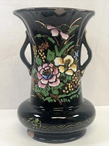 Vintage Vase Made In Japan Black Embossed Hand Painted Floral ￼6 1/8in - Picture 1 of 10
