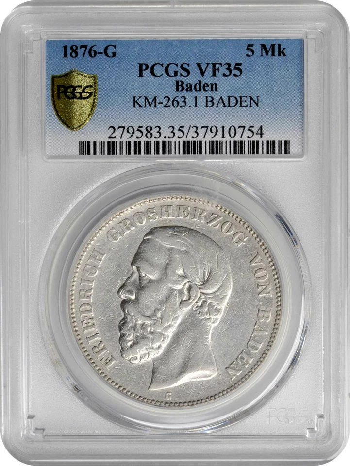 Germany Baden 1876-G. 5 Mark PCGS VF-35. KM-263. - Image 1 of 2