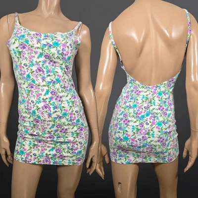 Vintage 80s Floral Bodycon Mini Tank Dress Size L Open Back Stretch Jersey White Foto 1 de 4