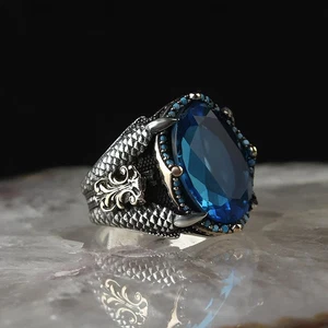 Anillo de hombre de plata de ley 925 con circonita azul piedra motivo gótico garras - Imagen 1 de 5