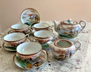 Nippon Hand Painted Scenic Tea Set Brown & Orange 14PC circa pre 1921 - Picture 1 of 13