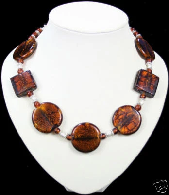 DARK BROWN AMBER silver foil MURANO GLASS BEAD NECKLACE — 第 1/3 张图片