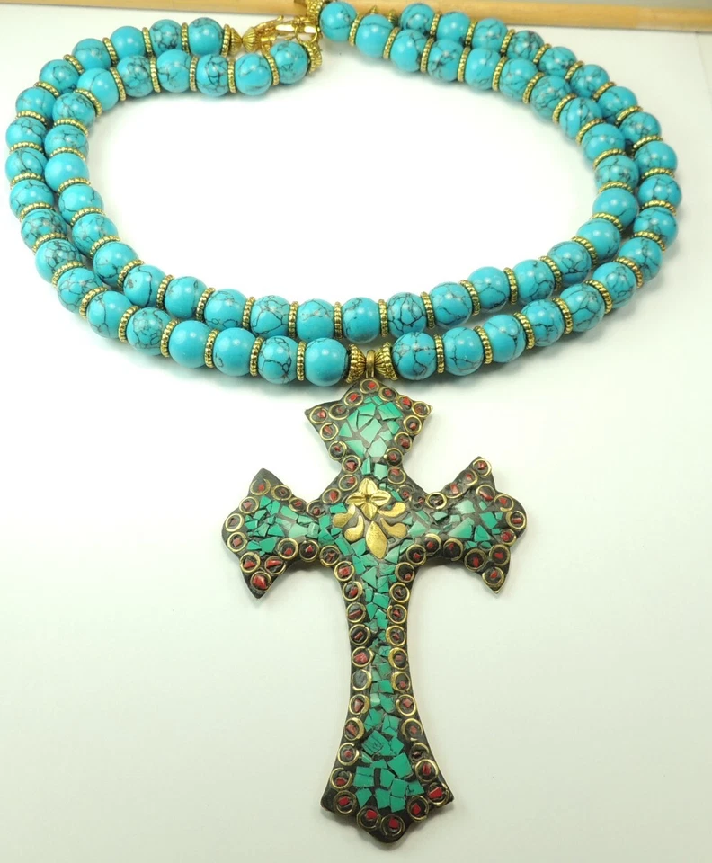 2 Strand Turquoise Howlite Necklace Huge Turquoise  Coral Cross Handmade Jewelry - Image 1 of 1