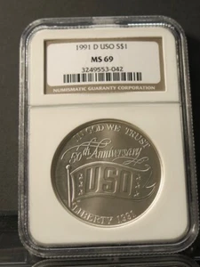 1991-D USO Commemorative Silver Dollar NGC MS69 $1 - Picture 1 of 1