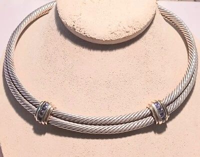 David Yurman Sterling 14K Authentic Cable Choker Necklace with Lolite Gemstones - Изображение 1 из 4