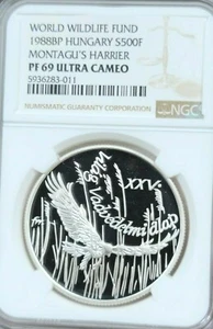 1988 HUNGARY SILVER 500 FORINT MONTAGUS HARRIER NGC PF 69 ULTRA CAMEO TOP POP ! - Picture 1 of 4