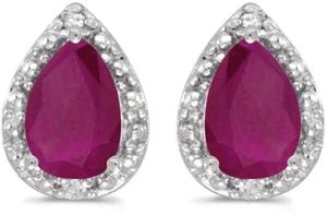 14k White Gold Pear Ruby And Diamond Earrings - Picture 1 of 1