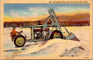 Harvesting Salt Near Great Salt Lake Utah Linen Postcard - Picture 1 of 2