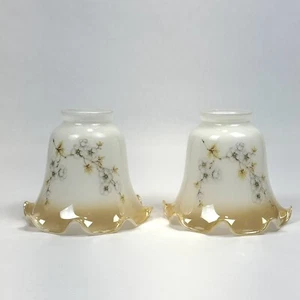 2 Vintage Milk Glass Lamp Shades Gold Lustre Dogwood Flowering Branch 2” Fitter - Picture 1 of 15