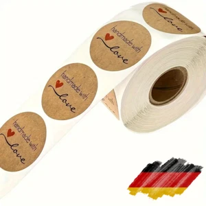 500 Stück Kraftpapier Aufkleber Rund Handmade with Love Thank You Dankeschön - Bild 1 von 4