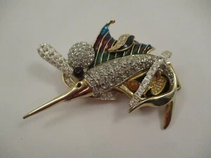 Large Rhinestone Studded Ornate Brooch Pin Sailfish Ace of Spades Signed Roman - Picture 1 of 7