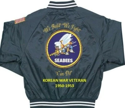 SEABEES KOREAN WAR 1950-1953 2-SIDED SATIN JACKET w/ Flag.OFFICIALLY LICENSED - Imagem 1 de 4