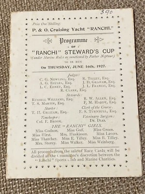 Vintage Horse Race Program Cruise Ship P&O Ranchi 1927 Peninsular Oriental Line - Image 1 of 4
