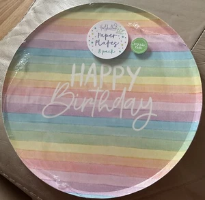 Eco Rainbow Happy Birthday Paper Plates Pack of 8 Parties Picnics Summer Garden - Picture 1 of 1