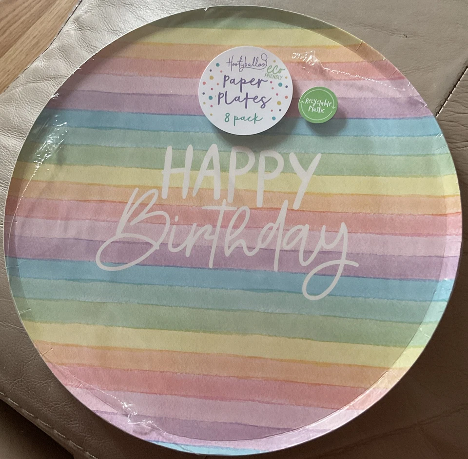 Eco Rainbow Happy Birthday Paper Plates Pack of 8 Parties Picnics Summer Garden - Image 1 of 1