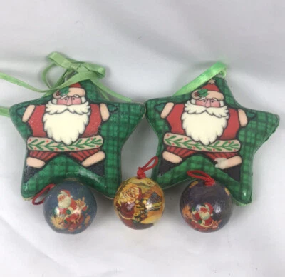 5 adornos navideños vintage en forma de estrella y bola papel maché decoupage Santa Foto 1 de 4