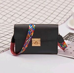 Black Crossbody Bag Handbag Rainbow Aztec Geometric Strap New PU Leather Striped