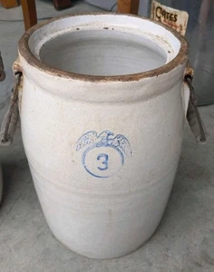 Vintage EAGLE #3 Stoneware Crock Butter Churn Full Logo Bail Handles Salt Glaze - Picture 1 of 6