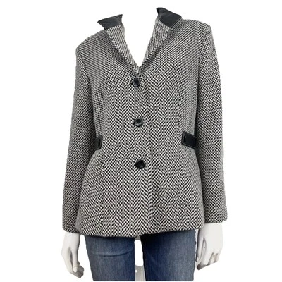 Talbots Blazer Jacket Women's Size 12 P Wool Leather Black White Herringbone VTG - Image 1 of 4