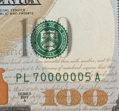 PL70000005A $100 Repeater 6 in a Row 0s Fancy Serial Number One Hundred 2017A - Image 1 of 3