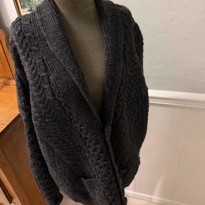 Aran Irish 毛衣女式 XL 灰色开衫羊毛披肩领厚渔夫 — 第 1/4 张图片