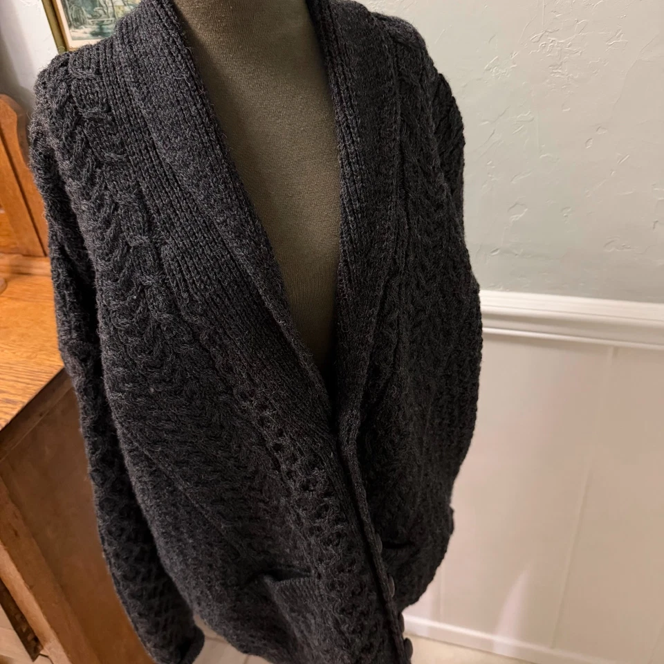 Suéter Irlandés Aran Mujer XL Gris Cárdigan Lana Chal Cuello Grueso Pescador Foto 1 de 4