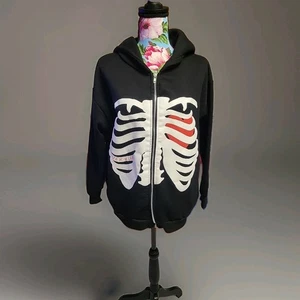 Very Blee Skeleton Ribcage Zip Hoodie Black Red Graphic Goth Streetwear Small - Bild 1 von 8
