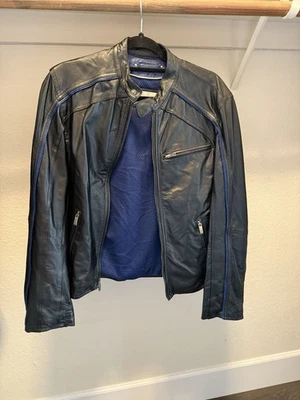 Vintage M Julian Wilsons Leather Jacket Mens XL Black Blue Stripe Cafe Racer Y2K - Image 1 of 4