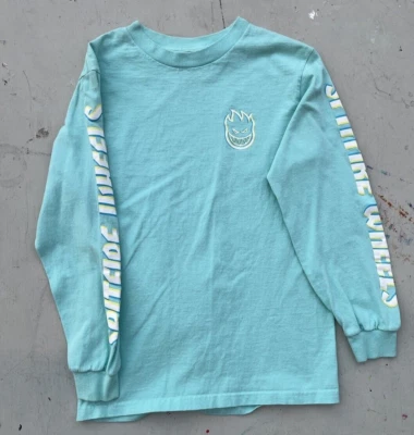 Kids Spitfire Industries T-Shirt Teal Blue Spell-Out S Long Sleeve 90s Skate CA - Image 1 of 4