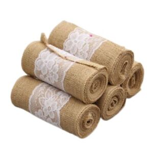 Handmade Fabric Ribbons Roll Craft Hessian Ribbon with White Flower Lace
