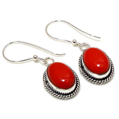 Brillante Corallo Rosso Gemma 925 Argento Sterling Fatto a Mano Orecchino S-37 - Immagine 1 di 4