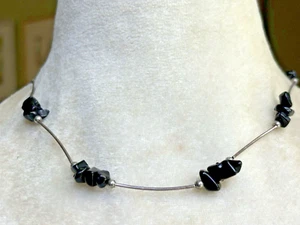 Vintage Onyx Station Bar Silver Tone Choker Necklace 16 1/4" Long - Picture 1 of 7