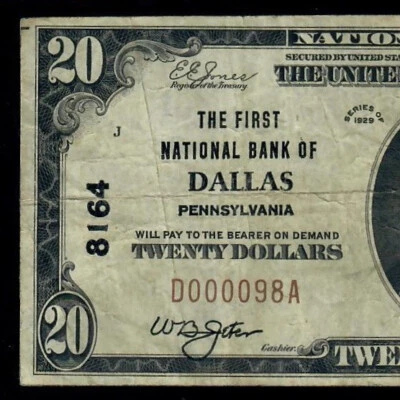 1929 $20 Type 1 -The First NB , Dallas, Pennsylvania CH # 8164 PCGS 20 - Image 1 of 4