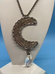 WM deLillo Signed Opera Length Necklace Pave Cresent Moon w/Crystal Tear Drop - Picture 1 of 12