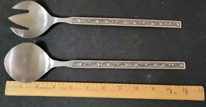 Vintage ONEIDA MCM Stainless Salad Spoon & Fork Serving Set Japan Scroll Pattern - Picture 1 of 10