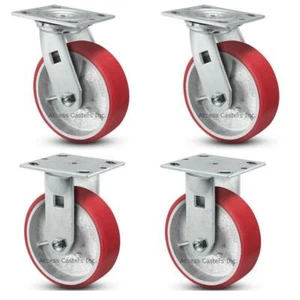 6AEMI-SET 6 Inch Caster Set Polyurethane on Cast Iron Wheels 2 Rigid 2 Swivel - Picture 1 of 3