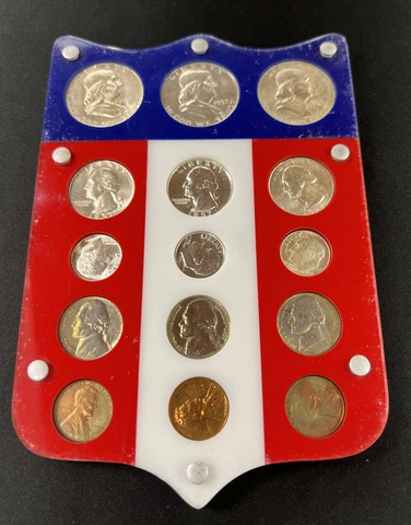 1957 P & D US Mint Coin Set And 1957 P Proof Set In Flag Shield Holder Cover