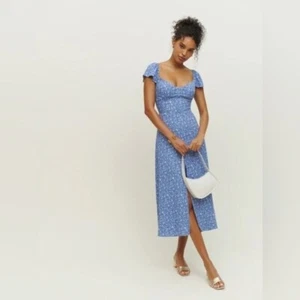 Reformation Baxley Midi Kurzarm Kleid in Eve Blue Floral | US 0 UK 4 - Bild 1 von 11