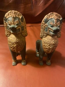 Antique FOO DOGS LIONS Chinese Dynasty bronze Cloisonne Fengshui Guardian - Picture 1 of 12