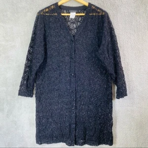 VINTAGE Amyjess maglione donna grande nero pizzo manica lunga scollo a V bottoni top L - Foto 1 di 16